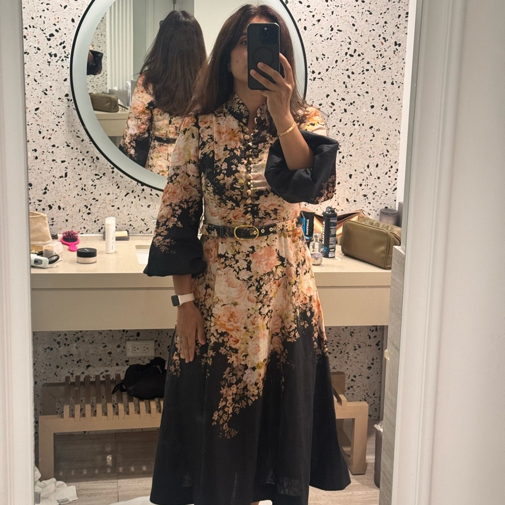Zimmermann Black and Pink Floral Midi Dress